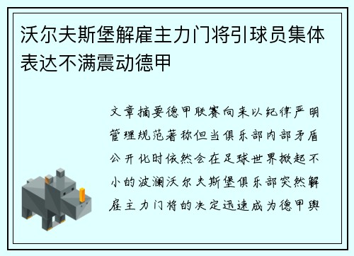 沃尔夫斯堡解雇主力门将引球员集体表达不满震动德甲 沃尔夫斯堡解雇主力门将引球员集体表达不满震动德甲